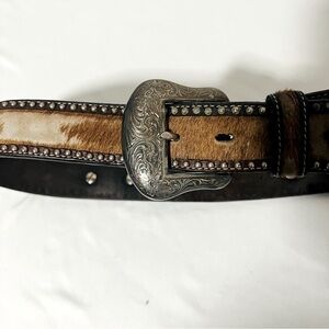 Ranger Belt Company Genuine Leather & Cowhide Hair Belt Silver Plated Size 34